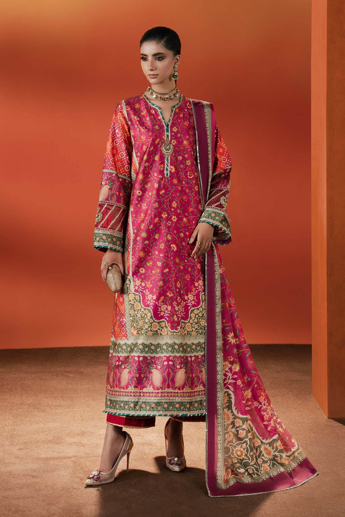 Maria B | Luxury Pret Pre Fall | MPS-EF26-01R1-Pink and Orange - Luxury Dress - available at Maria Faisal in UK and USA.