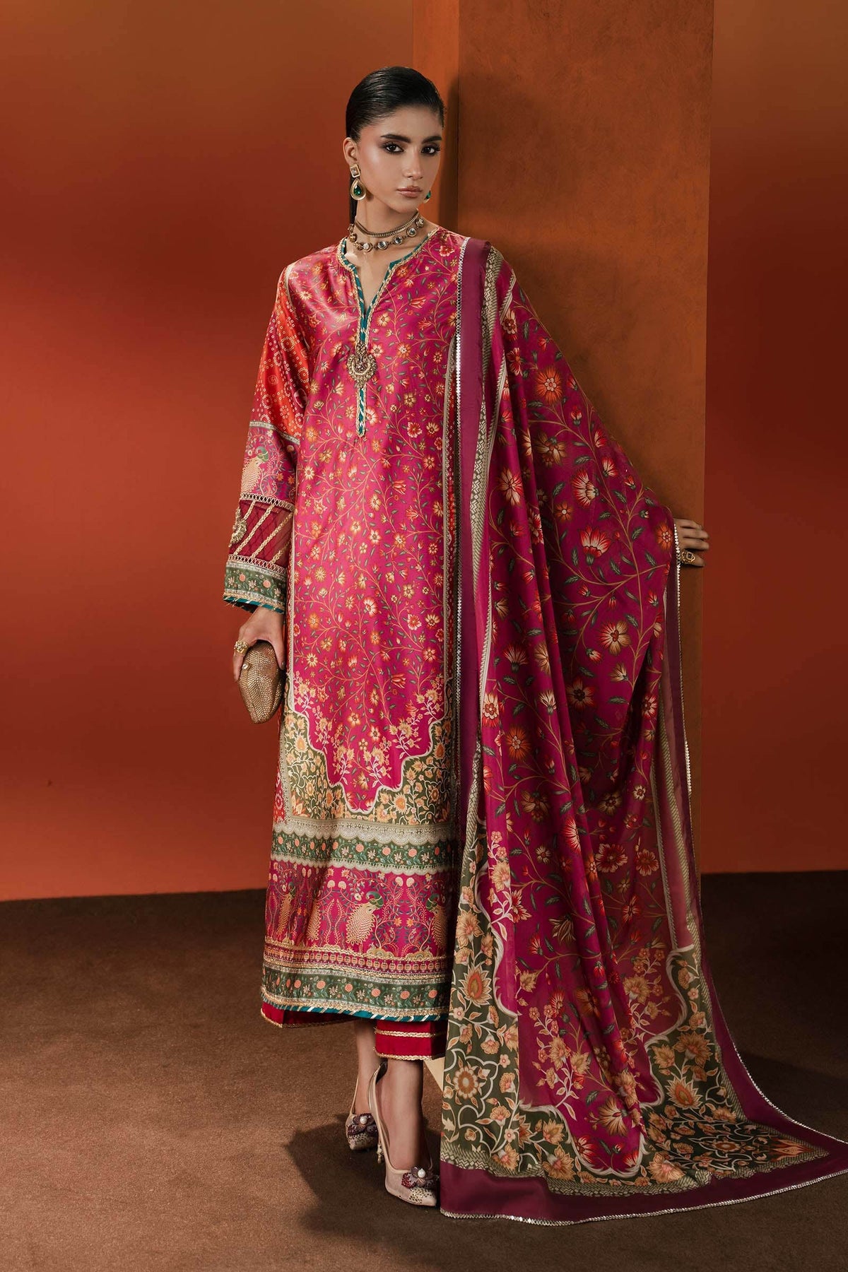 Maria B | Luxury Pret Pre Fall | MPS-EF26-01R1-Pink and Orange - Luxury Dress - available at Maria Faisal in UK and USA.