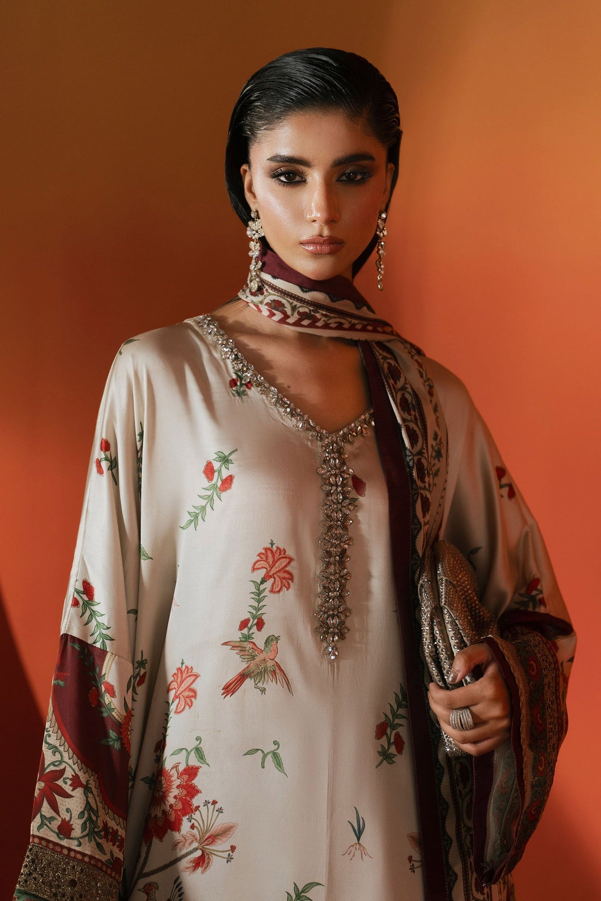 Maria B | Luxury Pret Pre Fall | MPS-EF26-03R1-Beige and Maroon - Luxury Dress - available at Maria Faisal in UK and USA.