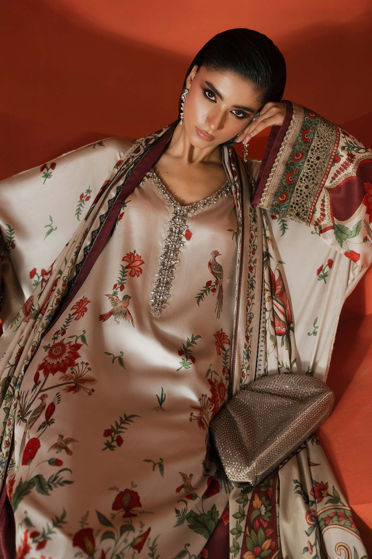 Maria B | Luxury Pret Pre Fall | MPS-EF26-03R1-Beige and Maroon - Luxury Dress - available at Maria Faisal in UK and USA.