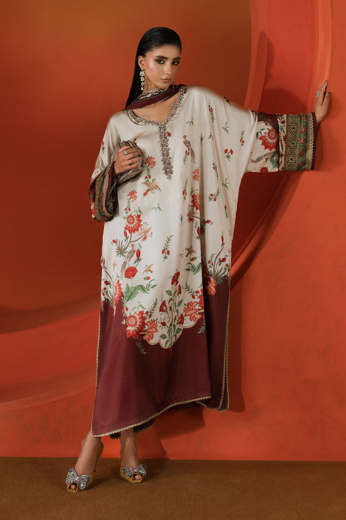 Maria B | Eid Collection 2026 | Mps-Ef26-03 Beige And Maroon - Luxury Dress - available at Maria Faisal in UK and USA.