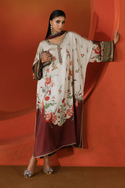 Maria B | Luxury Pret Pre Fall | MPS-EF26-03R1-Beige and Maroon - Luxury Dress - available at Maria Faisal in UK and USA.