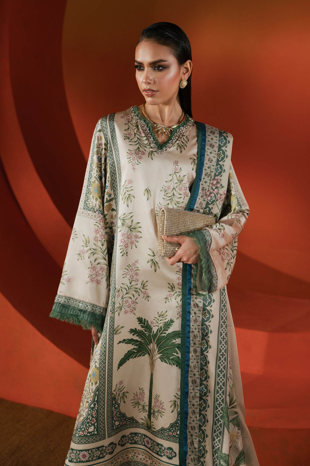 Maria B | Luxury Pret Pre Fall | MPS-EF26-10R1-Beige and Green - Luxury Dress - available at Maria Faisal in UK and USA.
