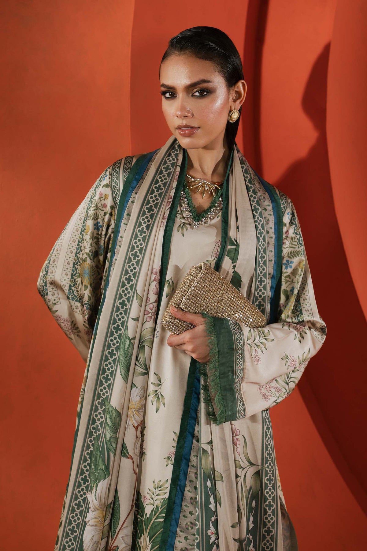 Maria B | Luxury Pret Pre Fall | MPS-EF26-10R1-Beige and Green - Luxury Dress - available at Maria Faisal in UK and USA.
