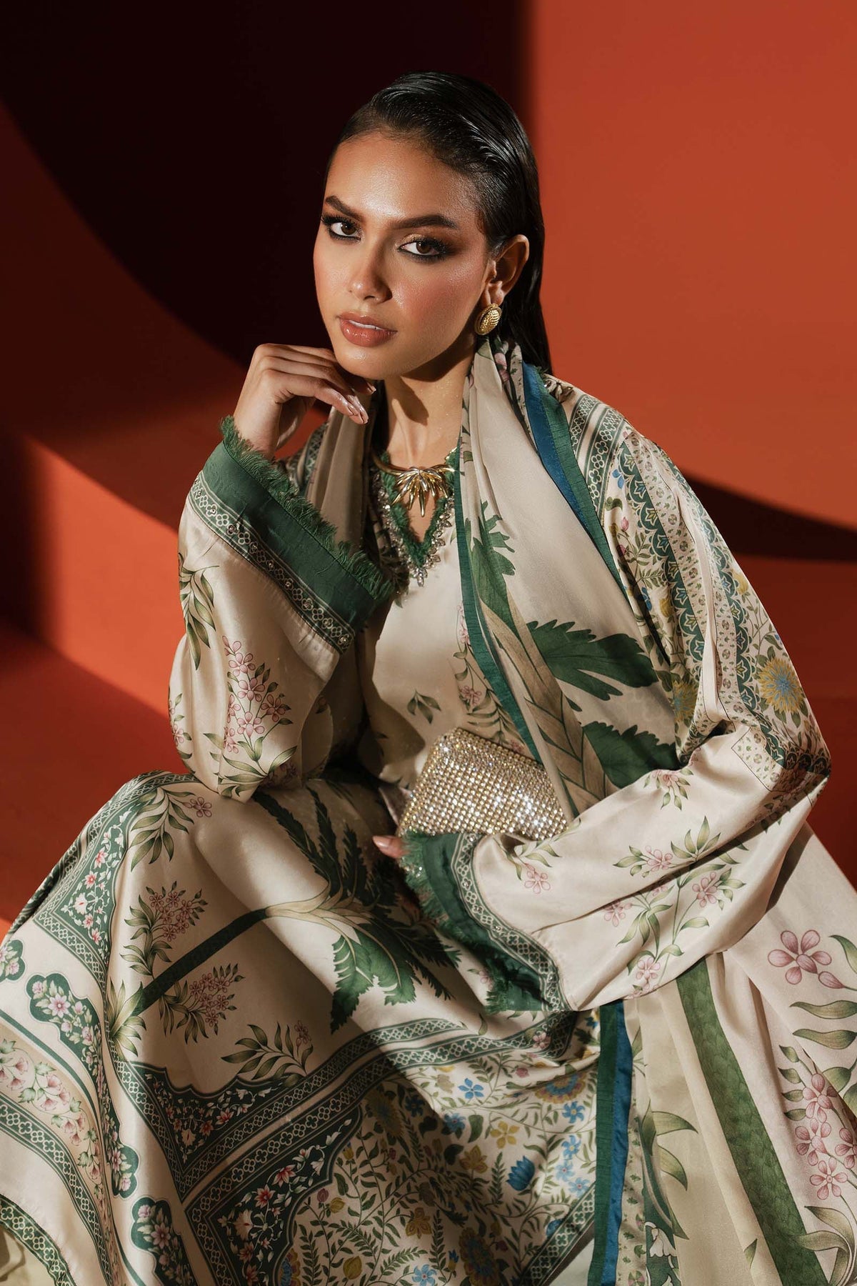 Maria B | Luxury Pret Pre Fall | MPS-EF26-10R1-Beige and Green - Luxury Dress - available at Maria Faisal in UK and USA.