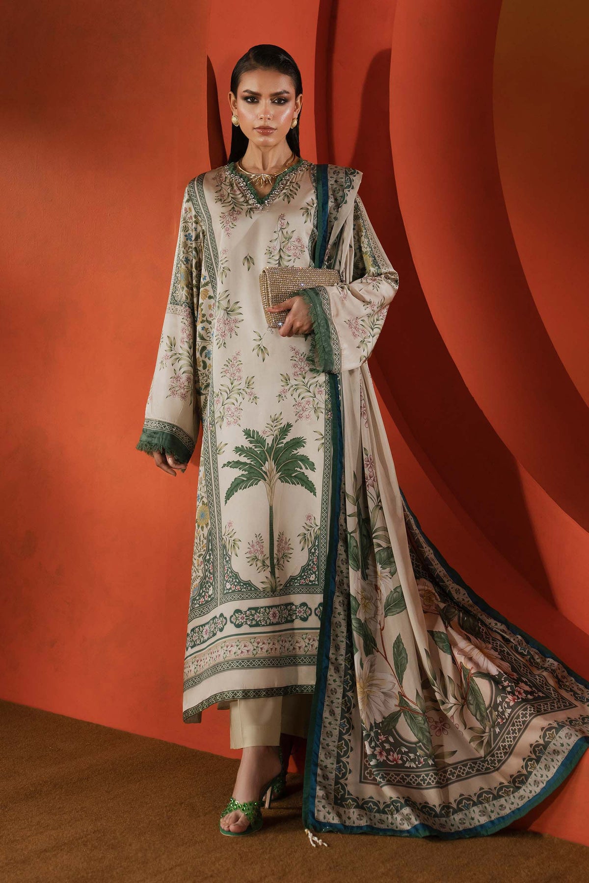 Maria B | Luxury Pret Pre Fall | MPS-EF26-10R1-Beige and Green - Luxury Dress - available at Maria Faisal in UK and USA.