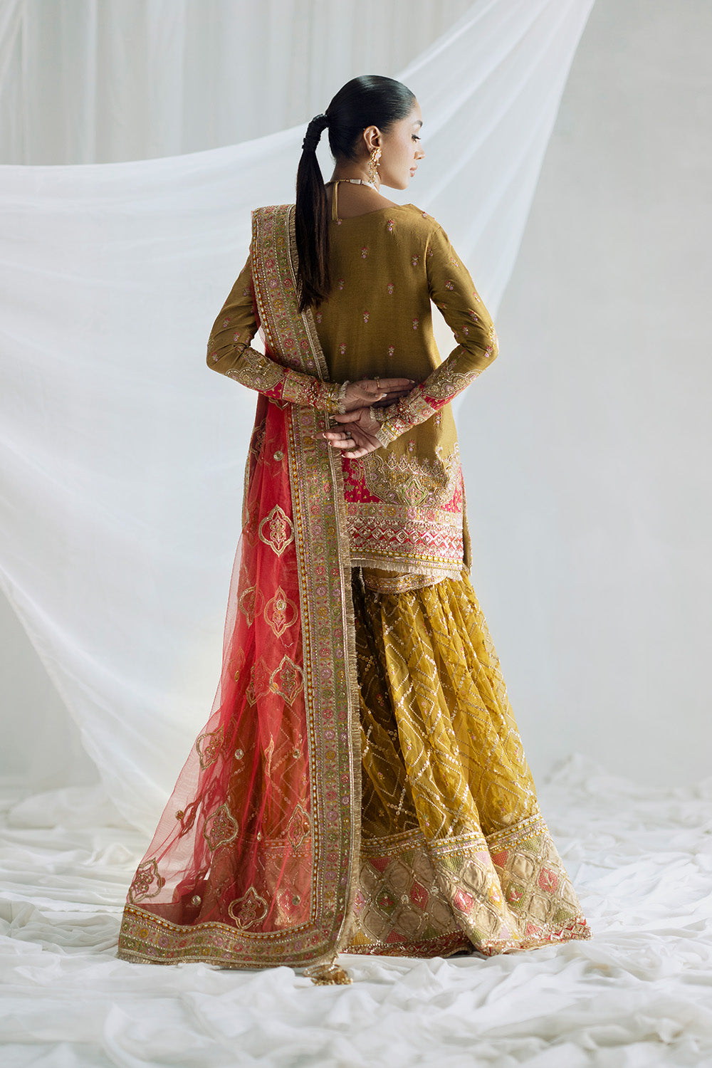Olive Green Embroidered Organza Silk Short Shirt with Gharara - Maryum N  Maria | Serene Wedding Dresses | AADHISHAKTI - MSS5848