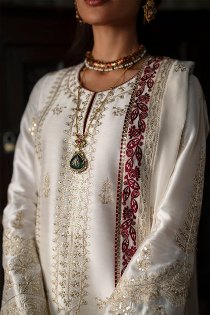 White Gold Embroidery Tussar Silk A-line kurta with culottes - Saad Bin Shahzad | Silk'25 | ZYRA - Festive Dress - available at Maria Faisal in UK and USA.