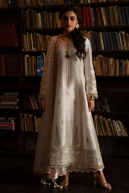 White Gold Embroidery Tussar Silk A-line kurta with culottes - Saad Bin Shahzad | Silk'25 | ZYRA - Festive Dress - available at Maria Faisal in UK and USA.
