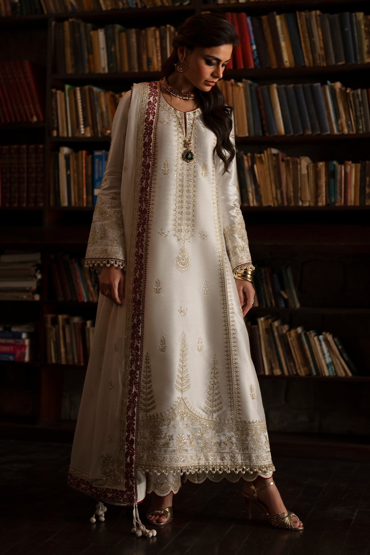 White Gold Embroidery Tussar Silk A-line kurta with culottes - Saad Bin Shahzad | Silk'25 | ZYRA - Festive Dress - available at Maria Faisal in UK and USA.
