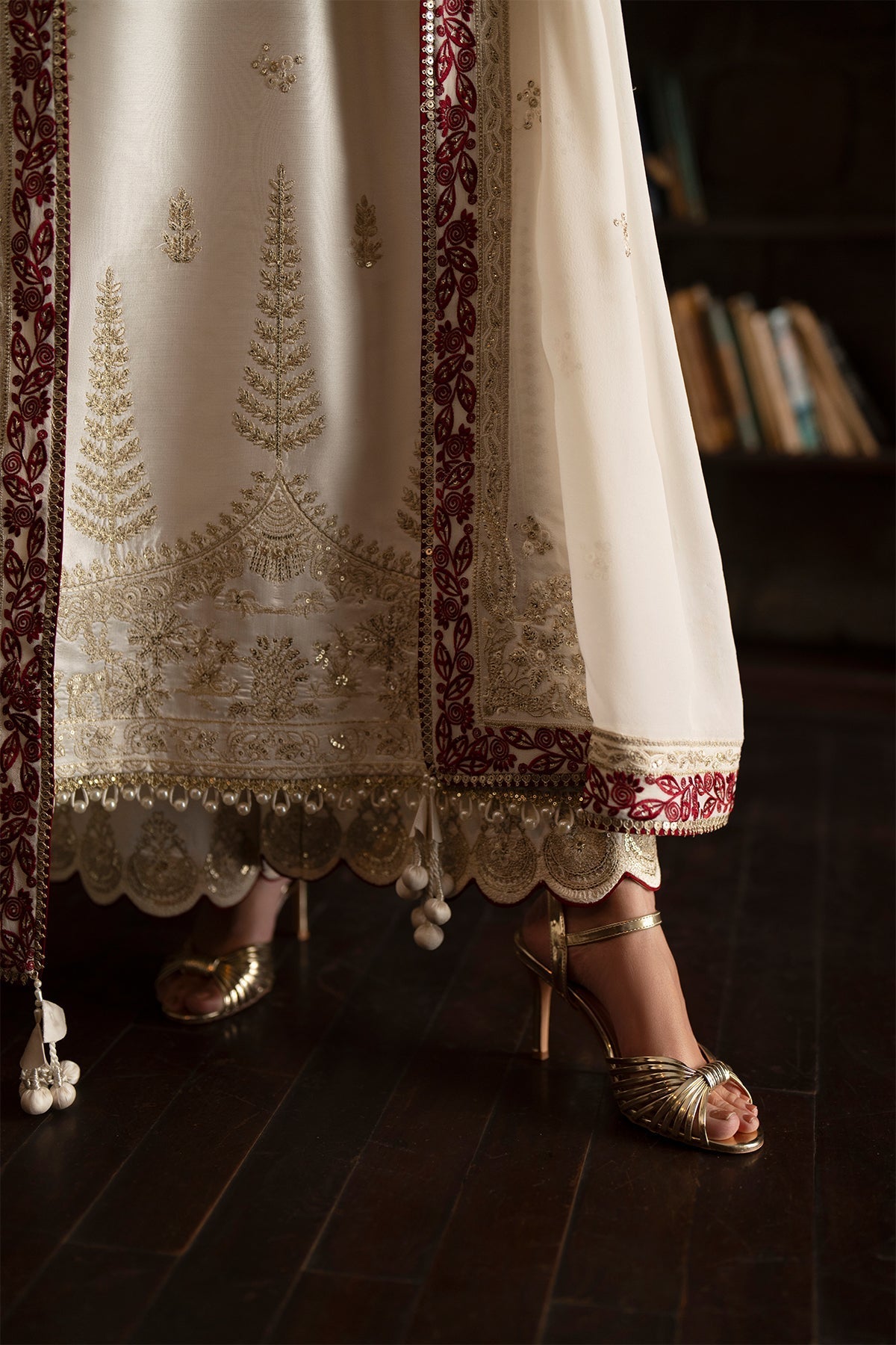 White Gold Embroidery Tussar Silk A-line kurta with culottes - Saad Bin Shahzad | Silk'25 | ZYRA - Festive Dress - available at Maria Faisal in UK and USA.