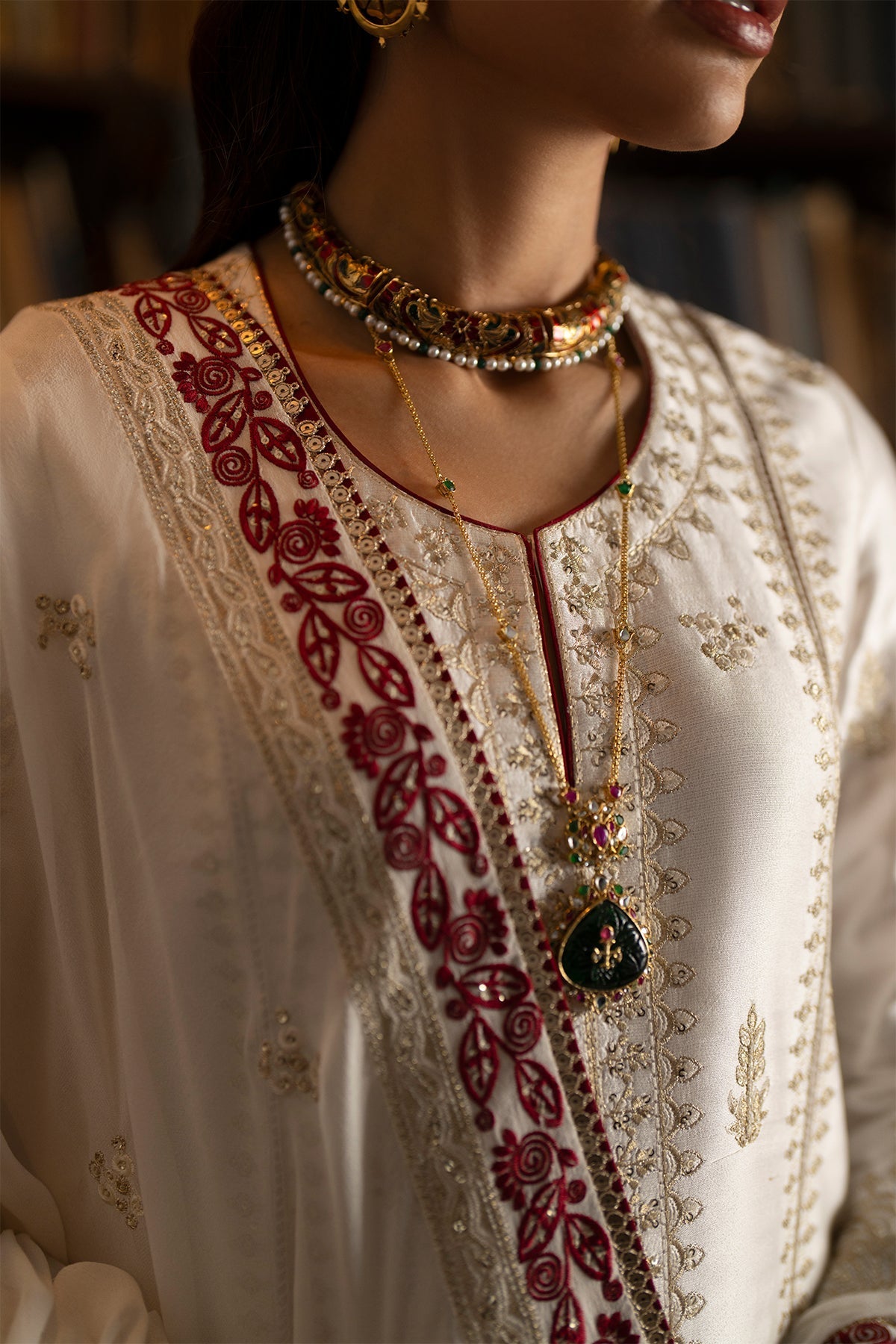 White Gold Embroidery Tussar Silk A-line kurta with culottes - Saad Bin Shahzad | Silk'25 | ZYRA - Festive Dress - available at Maria Faisal in UK and USA.