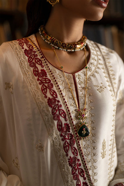 White Gold Embroidery Tussar Silk A-line kurta with culottes - Saad Bin Shahzad | Silk'25 | ZYRA - Festive Dress - available at Maria Faisal in UK and USA.