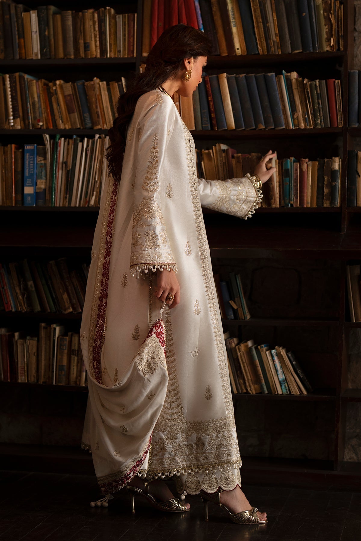White Gold Embroidery Tussar Silk A-line kurta with culottes - Saad Bin Shahzad | Silk'25 | ZYRA - Festive Dress - available at Maria Faisal in UK and USA.