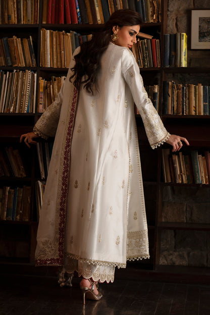 White Gold Embroidery Tussar Silk A-line kurta with culottes - Saad Bin Shahzad | Silk'25 | ZYRA - Festive Dress - available at Maria Faisal in UK and USA.