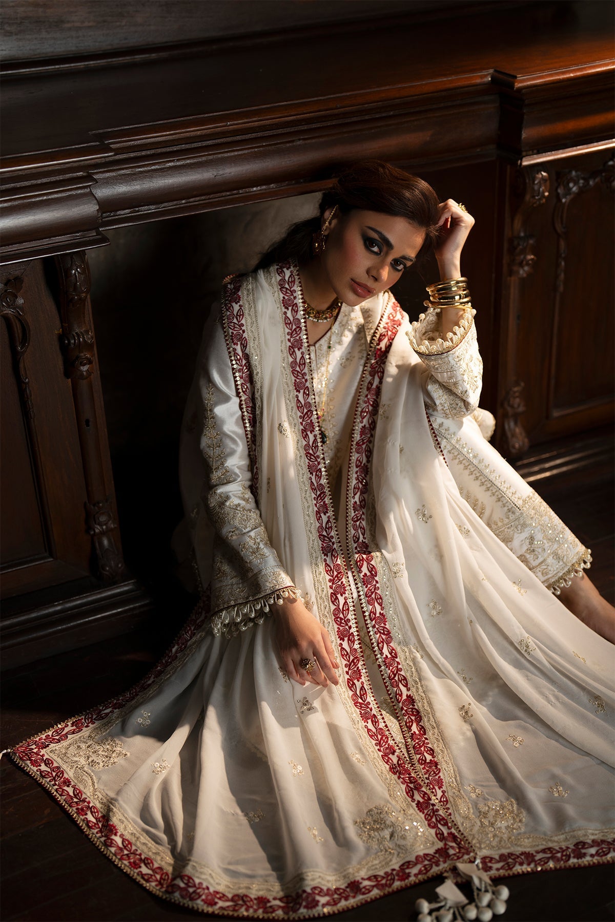 White Gold Embroidery Tussar Silk A-line kurta with culottes - Saad Bin Shahzad | Silk'25 | ZYRA - Festive Dress - available at Maria Faisal in UK and USA.