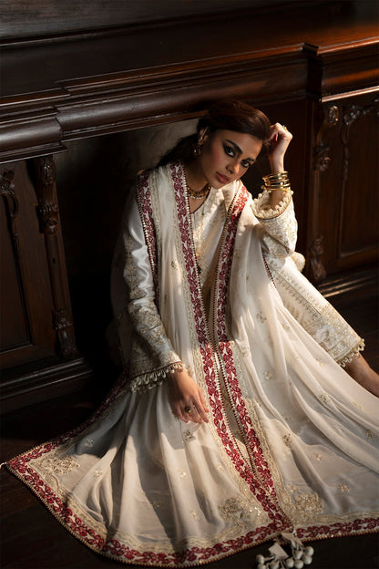 White Gold Embroidery Tussar Silk A-line kurta with culottes - Saad Bin Shahzad | Silk'25 | ZYRA - Festive Dress - available at Maria Faisal in UK and USA.