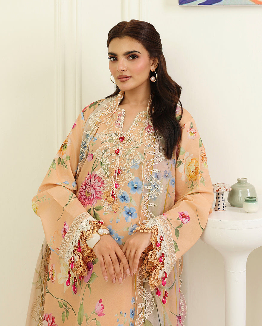 Roheenaz | Petals in Print | Magnolia Mist - Casual Dress - available at Maria Faisal in UK and USA.