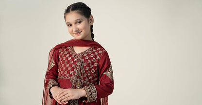 Maria B | 3 Piece Embroidered Linen Suit | MKD-W24-02 by Maria Faisal - Registered Vendor of : Maria B - type : Kids Clothes - 100% original wedding dresses