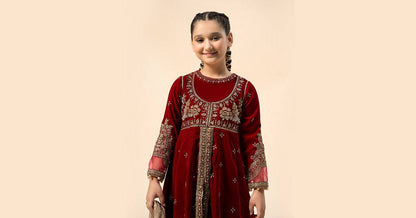 Maria B | 3 Piece Embroidered Velvet Suit | MKS-W24-40 by Maria Faisal - Registered Vendor of : Maria B - type : Kids Clothes - 100% original wedding dresses