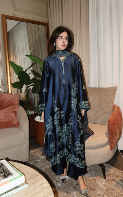 Asifa and Nabeel | Silk Edit 26 | Midnight Blue - Luxury Dress - available at Maria Faisal in UK and USA.