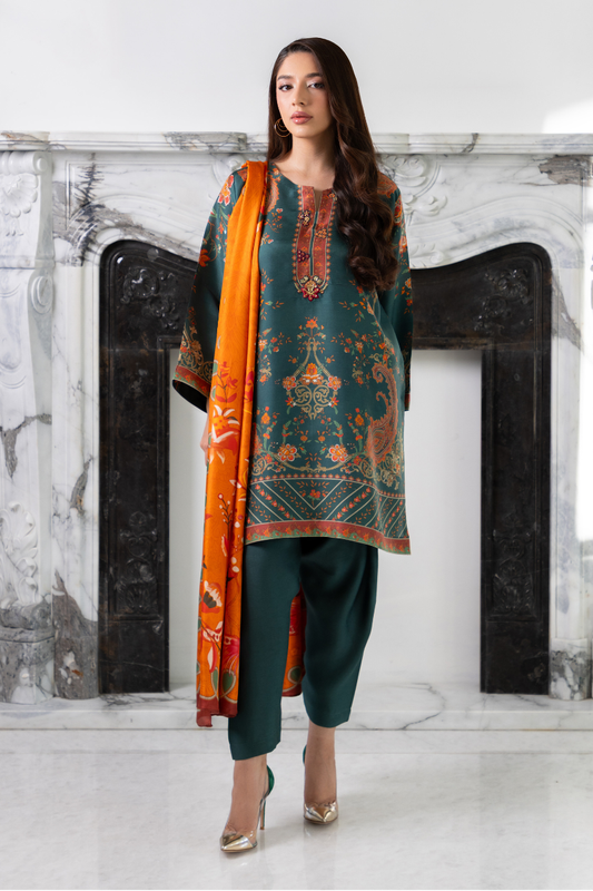 Mina Hasan | Signature Pret | Teal Green - Luxury Dress - available at Maria Faisal in UK and USA.