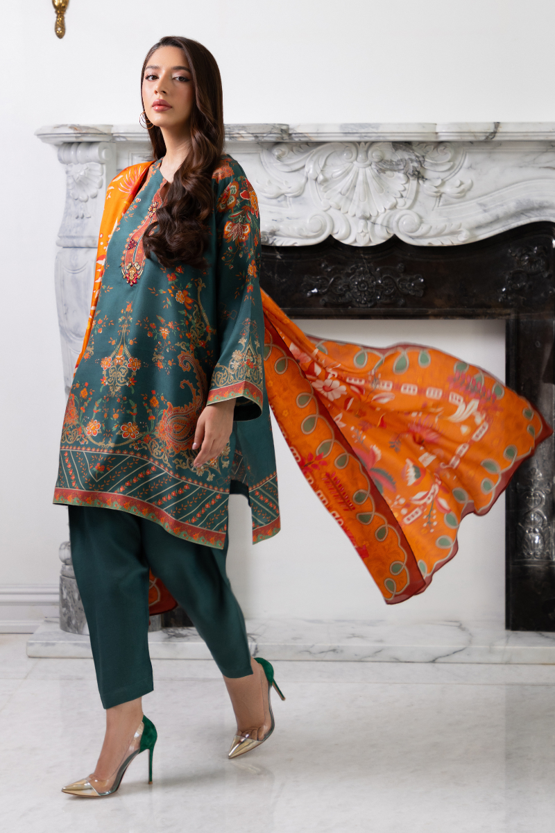 Mina Hasan | Signature Pret | Teal Green - Luxury Dress - available at Maria Faisal in UK and USA.