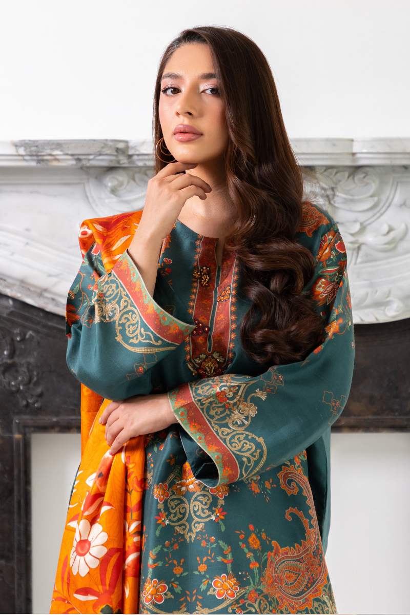 Mina Hasan | Signature Pret | Teal Green - Luxury Dress - available at Maria Faisal in UK and USA.