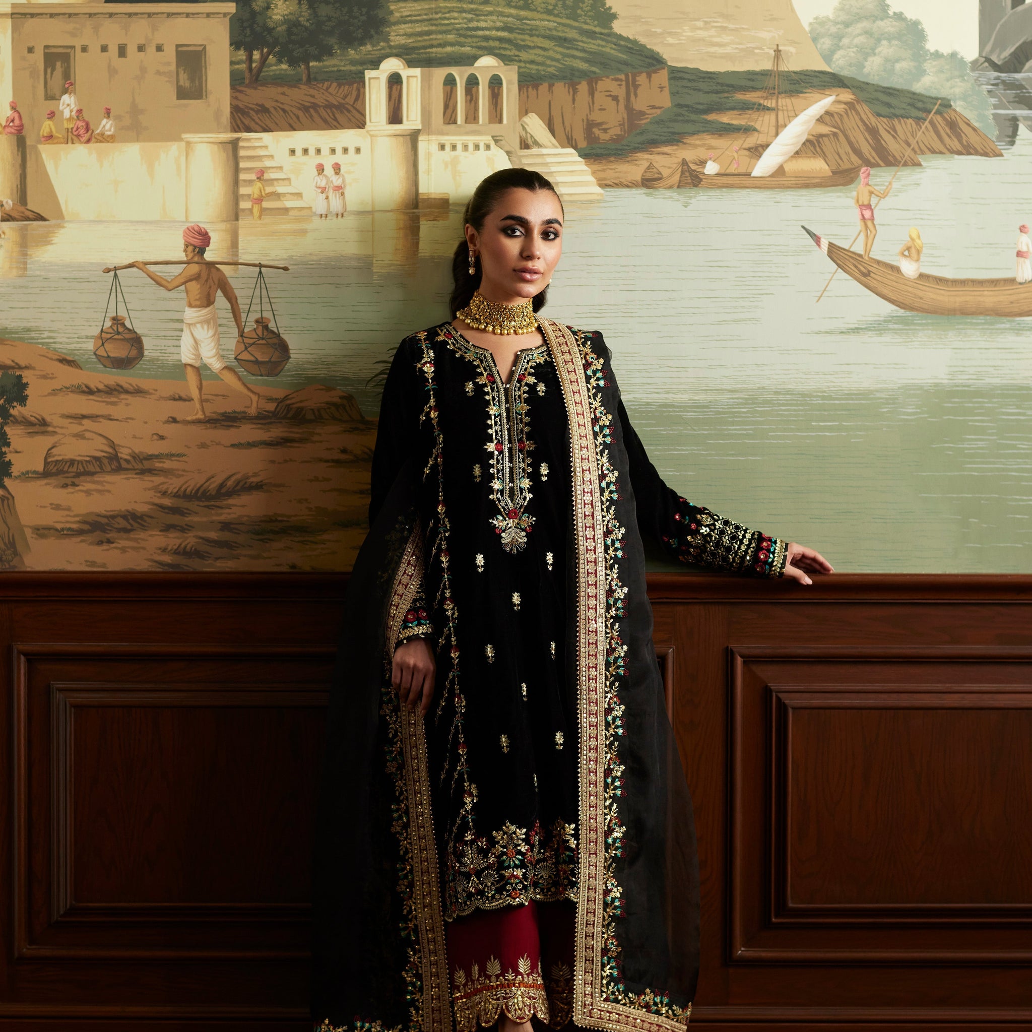 Mina Hassan | Velvet Luxe |  Jahan - Designer Dress with Intricate embroidery and embellishments. Shop elegent wedding dress at Maria Faisal.