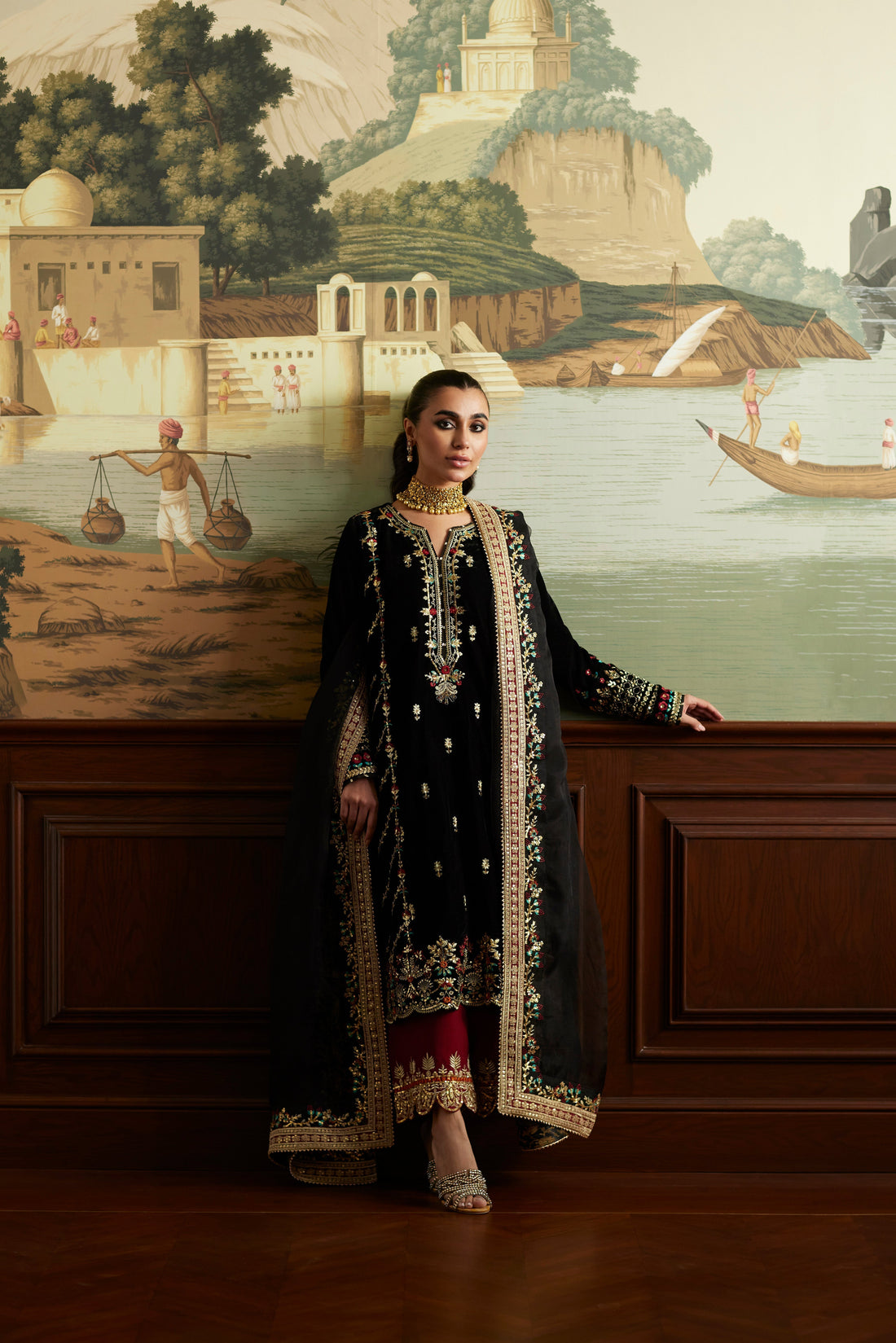 Mina Hassan | Velvet Luxe |  Jahan - Designer Dress with Intricate embroidery and embellishments. Shop elegent wedding dress at Maria Faisal.