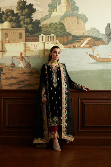 Mina Hassan | Velvet Luxe |  Jahan - Designer Dress with Intricate embroidery and embellishments. Shop elegent wedding dress at Maria Faisal.