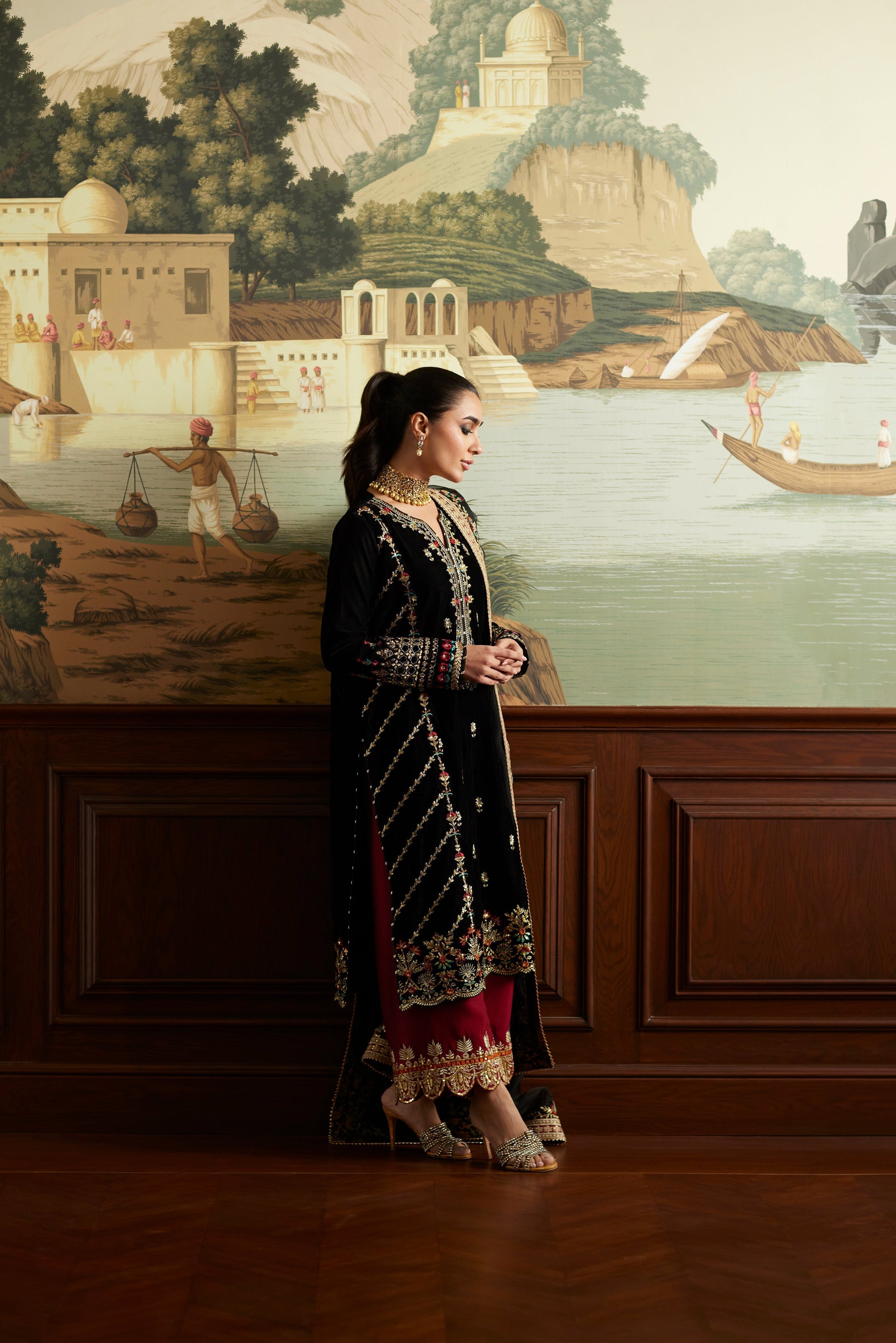 Mina Hassan | Velvet Luxe |  Jahan - Designer Dress with Intricate embroidery and embellishments. Shop elegent wedding dress at Maria Faisal.