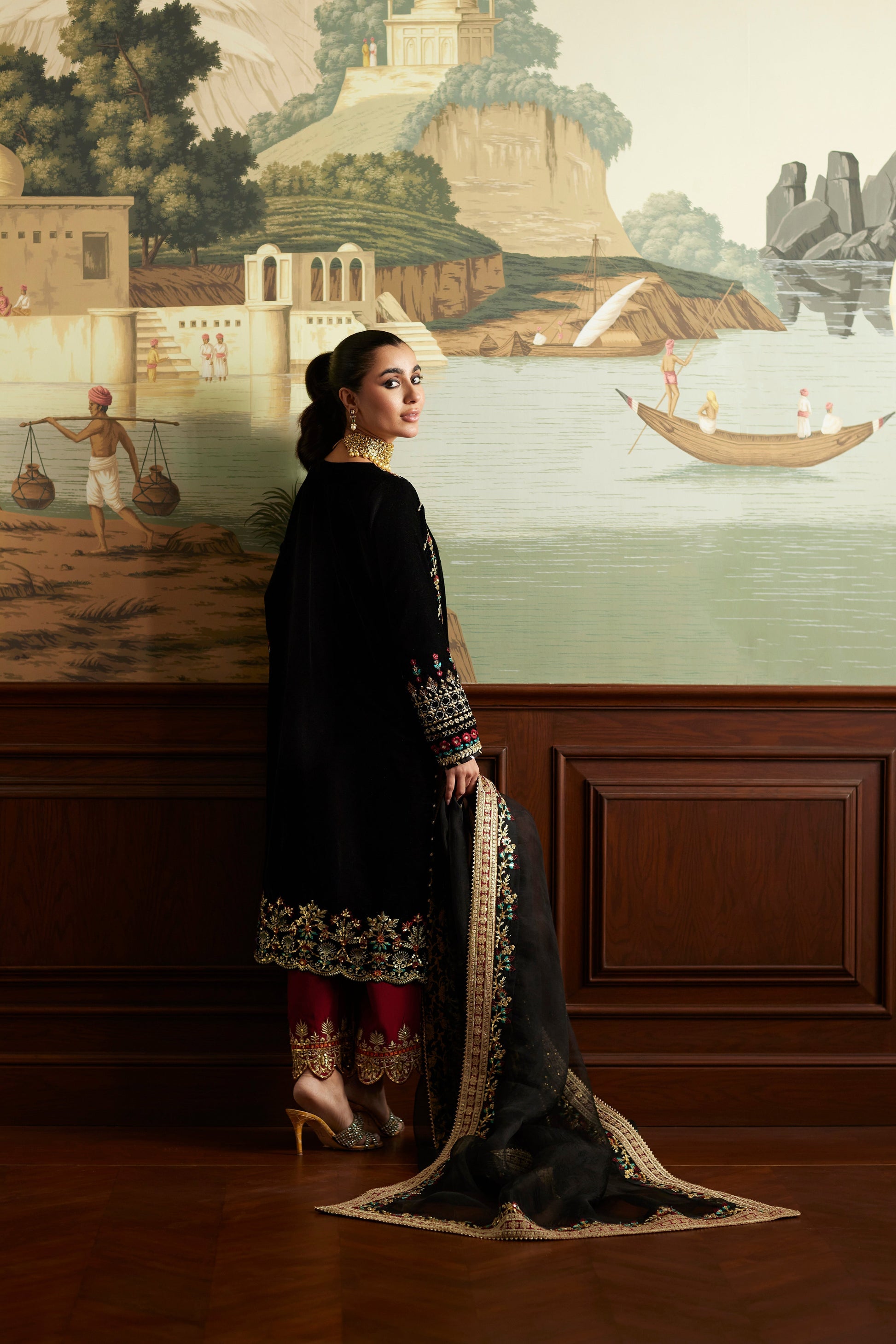 Mina Hassan | Velvet Luxe |  Jahan - Designer Dress with Intricate embroidery and embellishments. Shop elegent wedding dress at Maria Faisal.