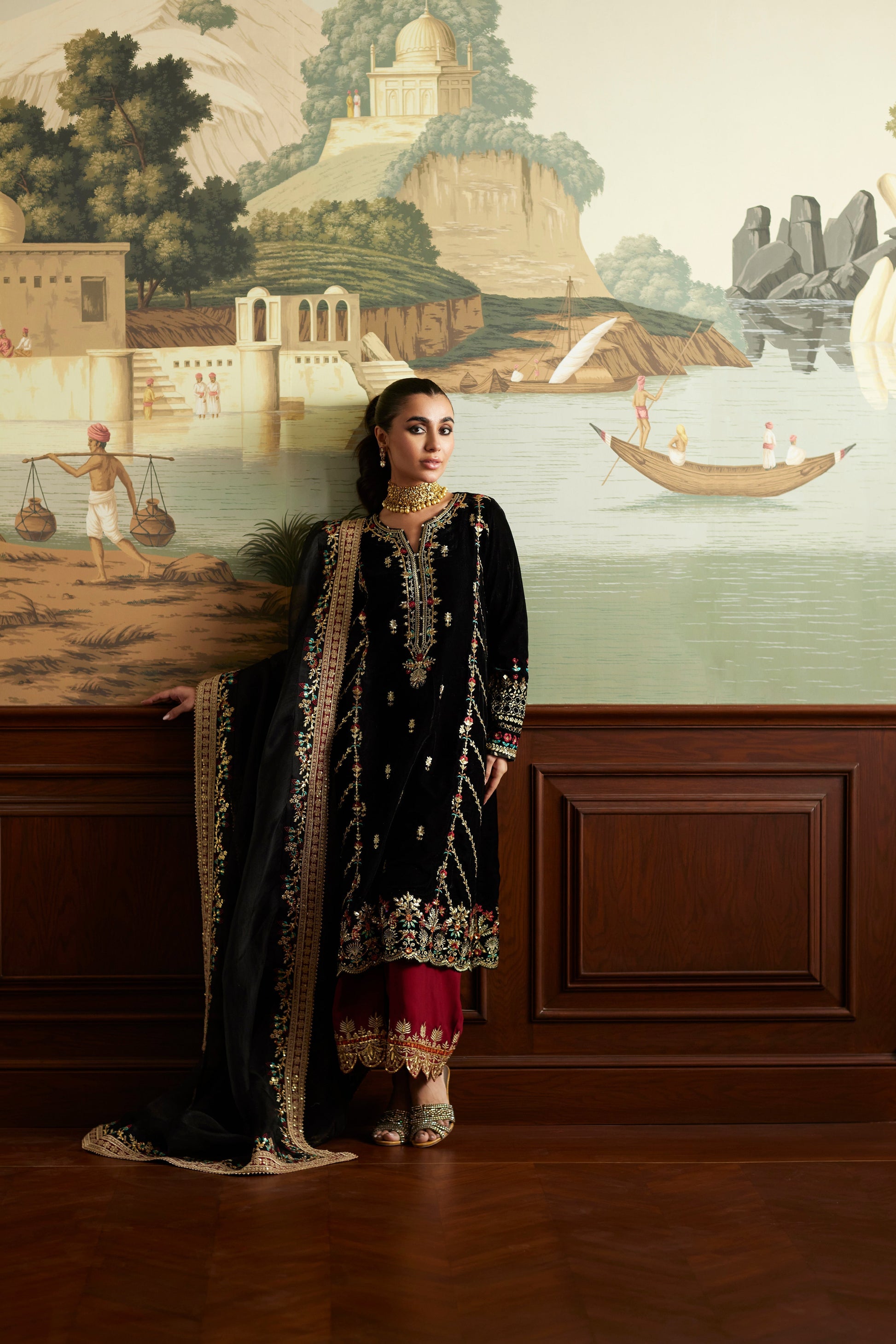Mina Hassan | Velvet Luxe |  Jahan - Designer Dress with Intricate embroidery and embellishments. Shop elegent wedding dress at Maria Faisal.