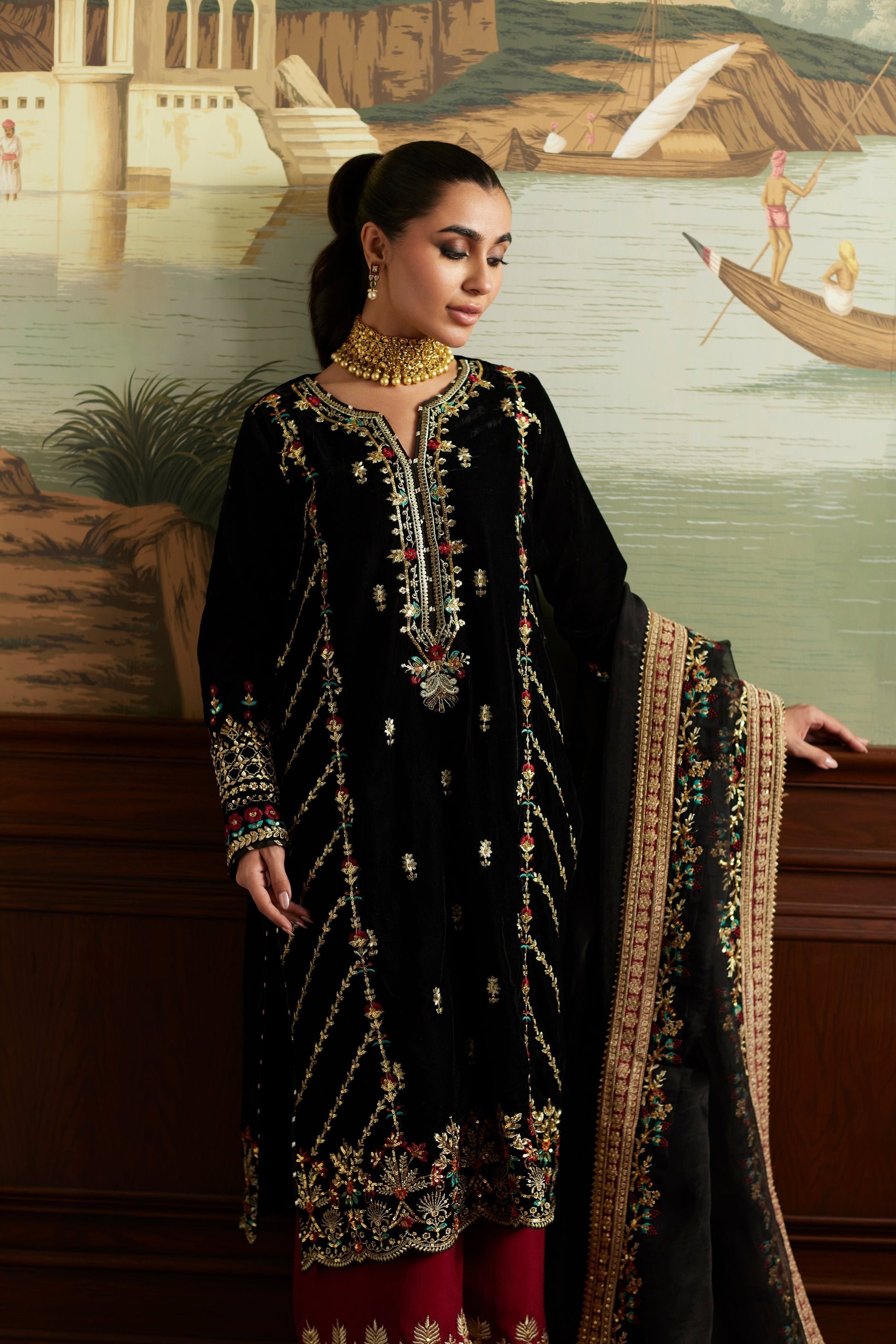 Mina Hassan | Velvet Luxe |  Jahan - Designer Dress with Intricate embroidery and embellishments. Shop elegent wedding dress at Maria Faisal.