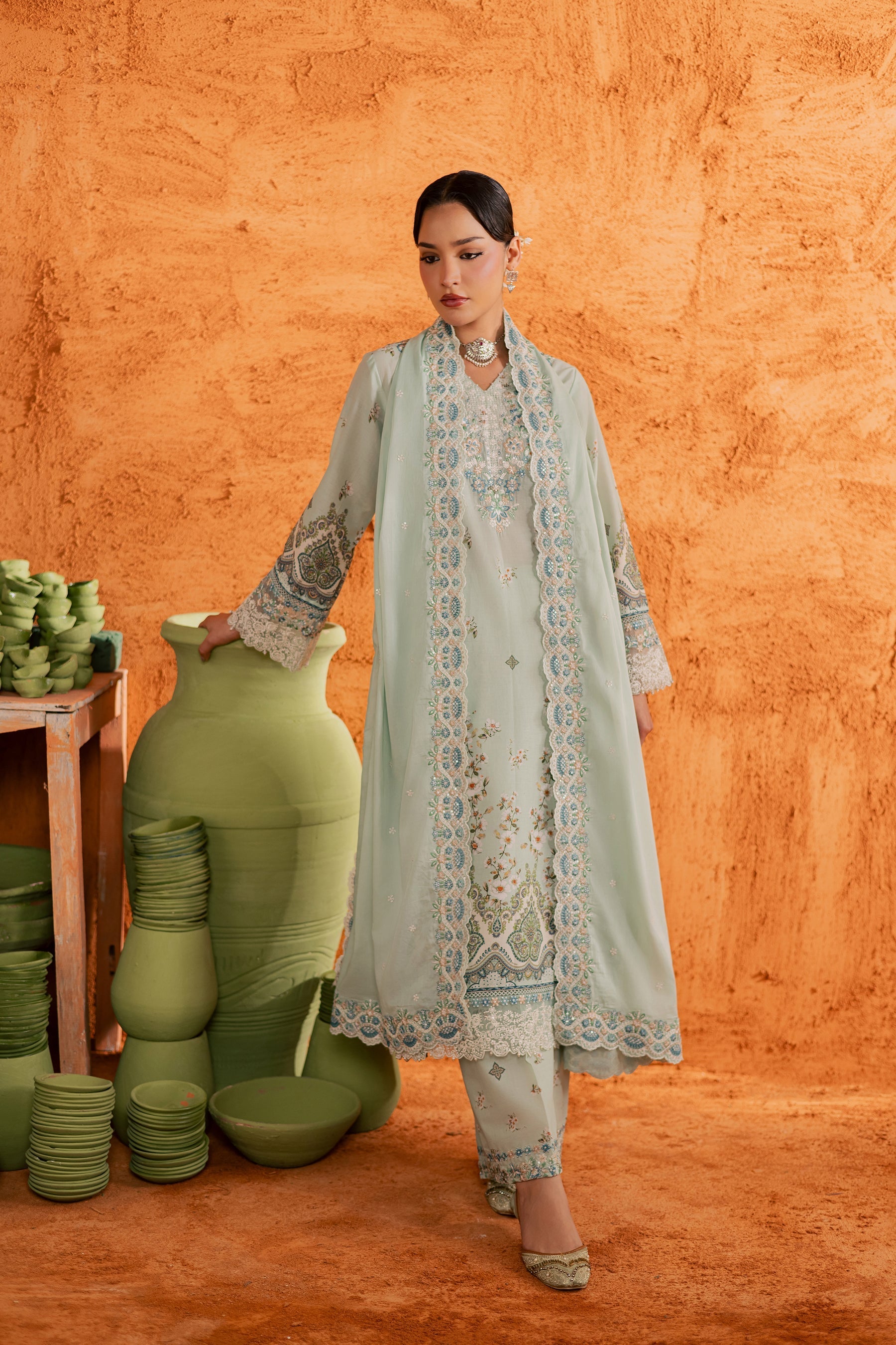 Batik | Festive Eid 26 | Mint Chip - Luxury Dress - available at Maria Faisal in UK and USA.