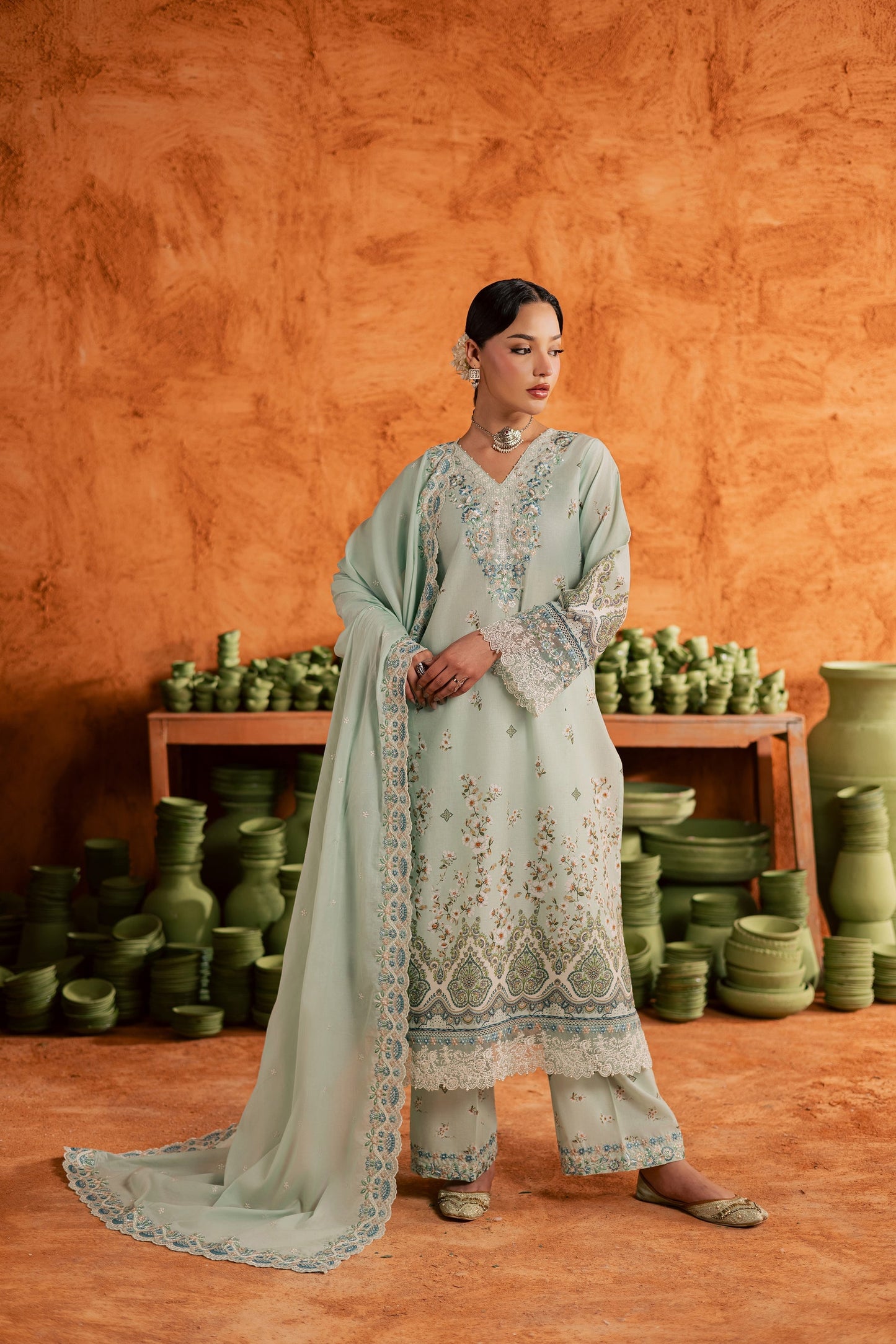 Batik | Festive Eid 26 | Mint Chip - Luxury Dress - available at Maria Faisal in UK and USA.