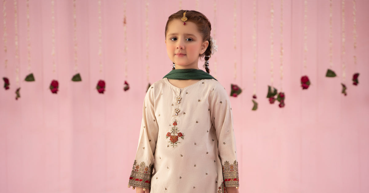 3 Piece Embroidered Dobby Suit - Kids Clothing - available at Maria Faisal in UK and USA.