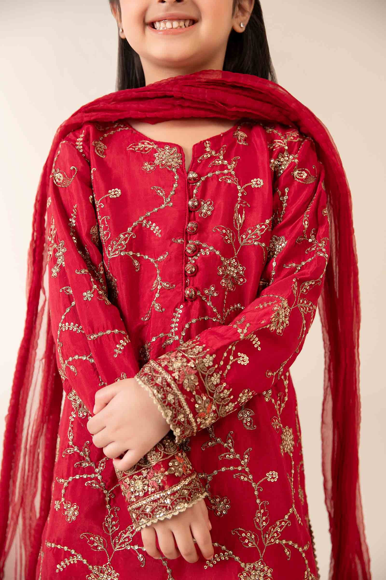 3 Piece Embroidered Raw Silk Suit - Kids Clothes - available at Maria Faisal in UK and USA