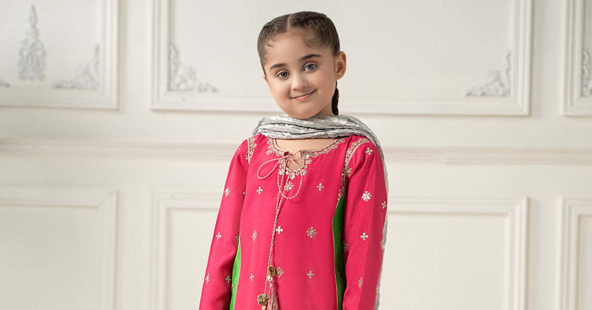 3 Piece Embroidered Polyester Net Suit - Kids Clothing - available at Maria Faisal in UK and USA.