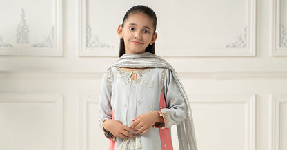 3 Piece Embroidered Polyester Net Suit - Kids Clothing - available at Maria Faisal in UK and USA.