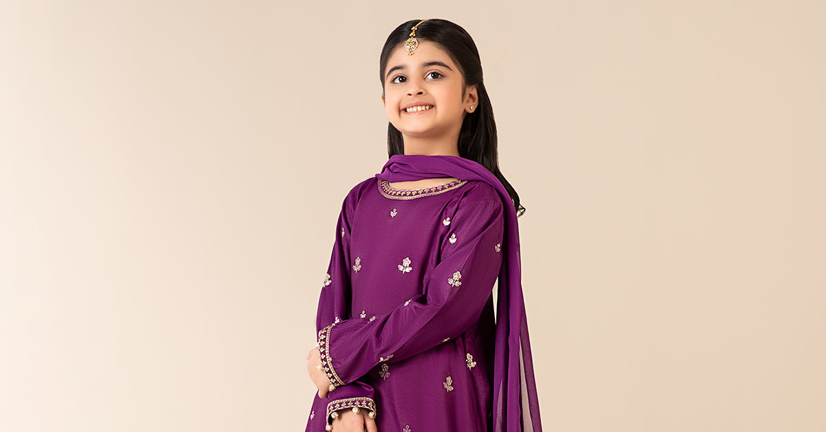 3 Piece Embroidered Raw Silk Suit - Kids Clothes - available at Maria Faisal in UK and USA