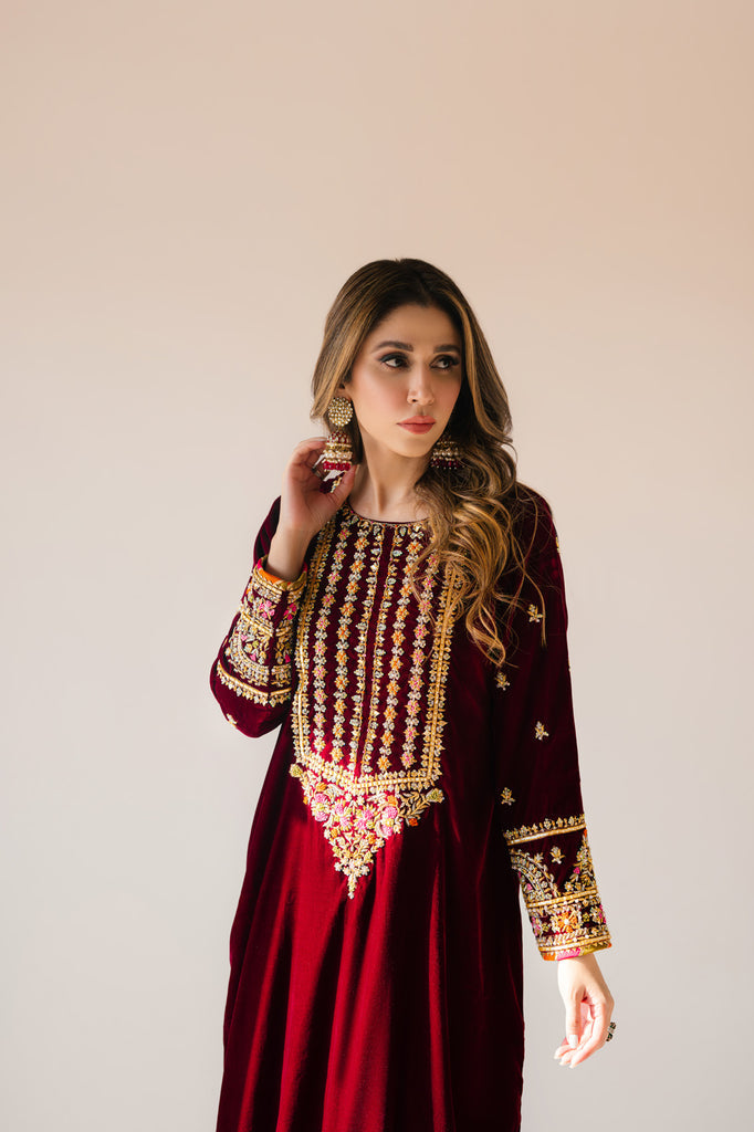 Sammy K | Velvet Festive Edit | Maroon Maxi velvet Outfit - Ladies Clothes - Maria Faisal