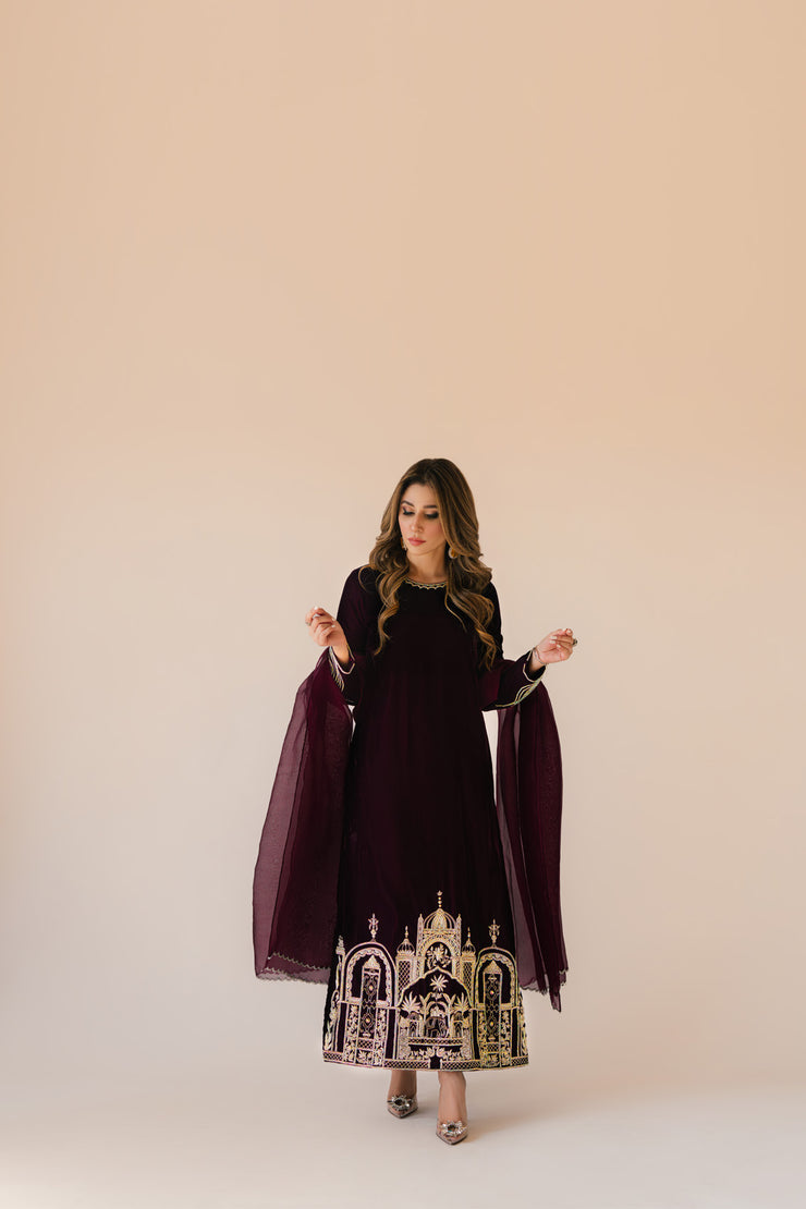 Sammy K | Velvet Festive Edit | Burgundy velvet monument outfit - Ladies Clothes - Maria Faisal
