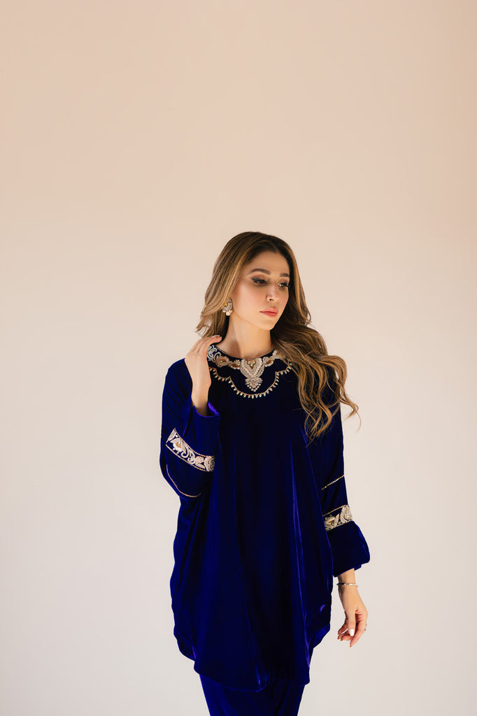 Sammy K | Velvet Festive Edit | Royal blue velvet Poncho Outfit - Ladies Clothes - Maria Faisal