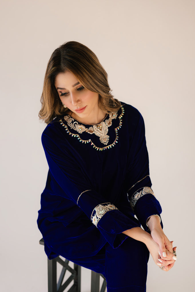 Sammy K | Velvet Festive Edit | Royal blue velvet Poncho Outfit - Ladies Clothes - Maria Faisal