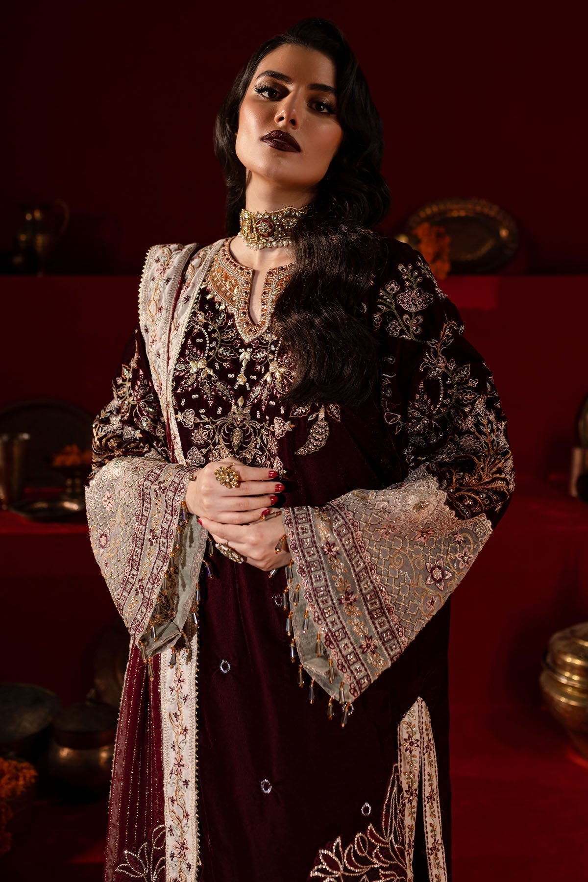 Nureh | Maya Velvet |  NW-89 - Designer Dress with Intricate embroidery and embellishments. Shop elegent wedding dress at Maria Faisal.