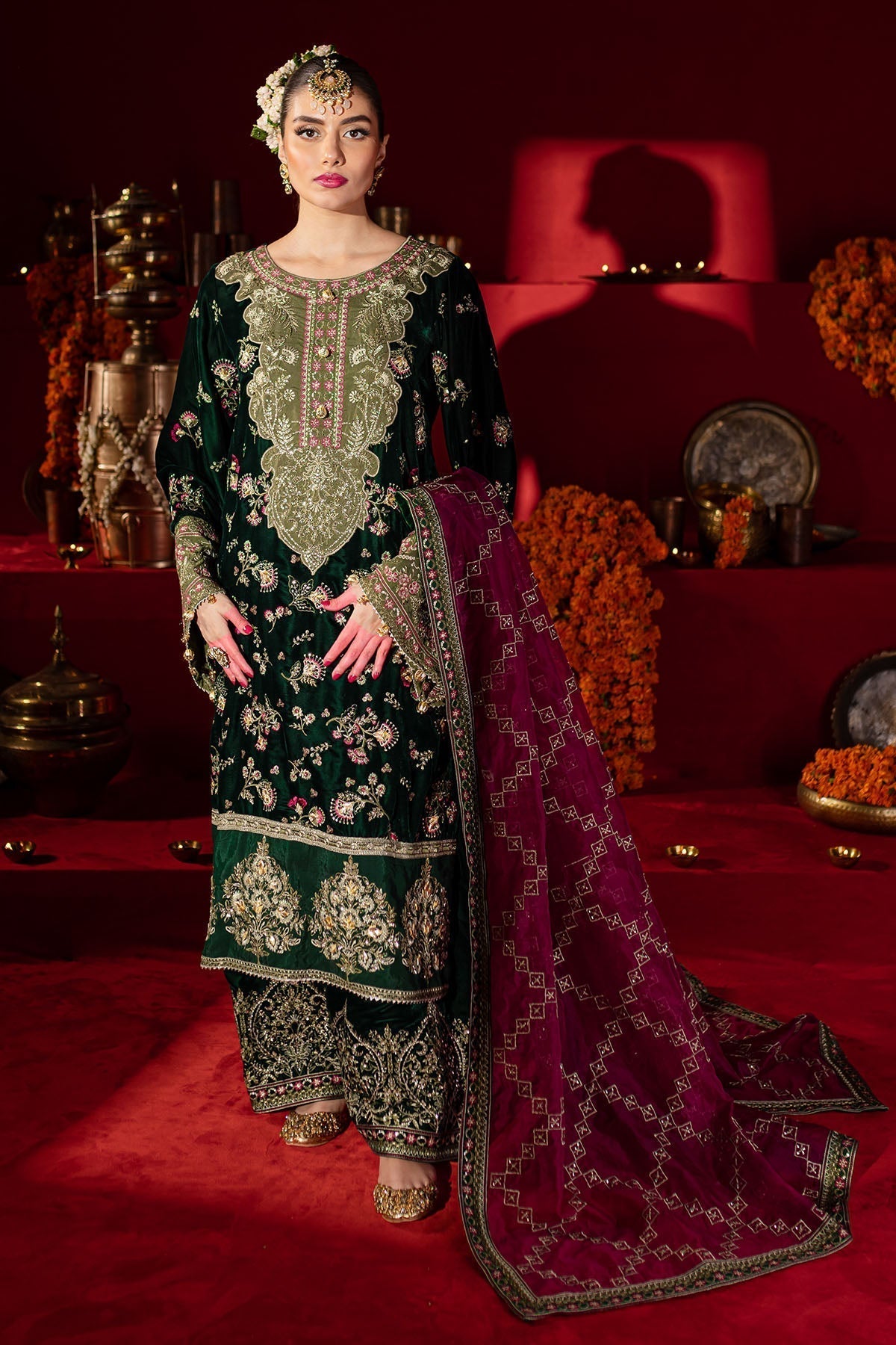 Nureh | Maya Velvet |  NW-88 - Designer Dress with Intricate embroidery and embellishments. Shop elegent wedding dress at Maria Faisal.
