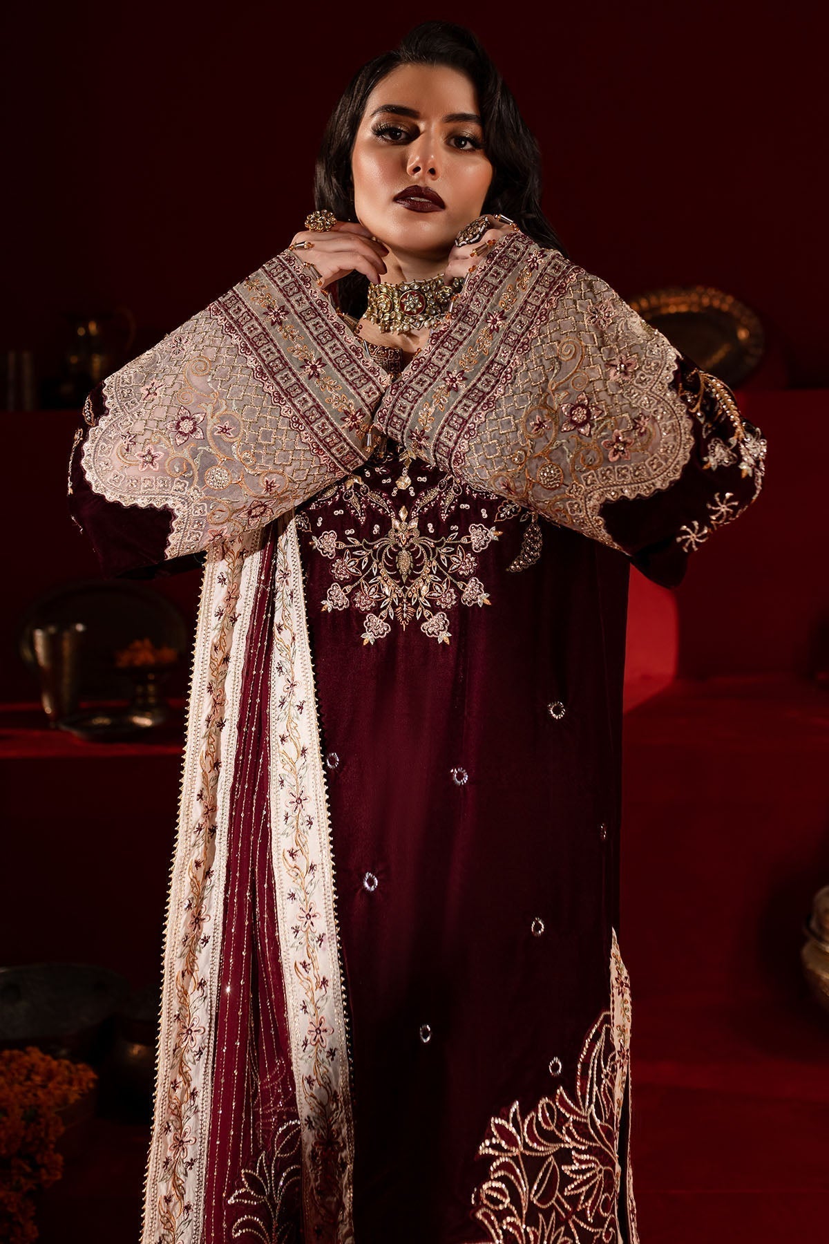 Nureh | Maya Velvet |  NW-89 - Designer Dress with Intricate embroidery and embellishments. Shop elegent wedding dress at Maria Faisal.