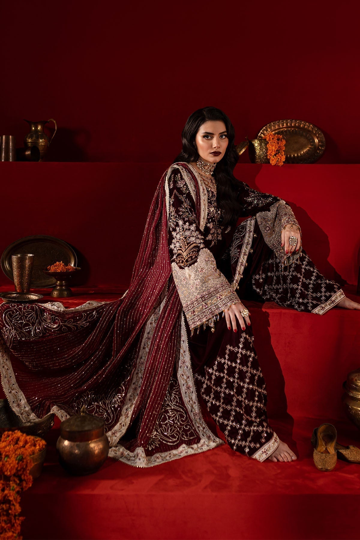 Nureh | Maya Velvet |  NW-89 - Designer Dress with Intricate embroidery and embellishments. Shop elegent wedding dress at Maria Faisal.